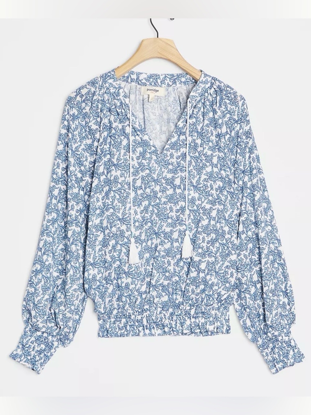 Anthropologie Porridge XS Elisabeth Blue White Floral Smocked Peasant Blouse